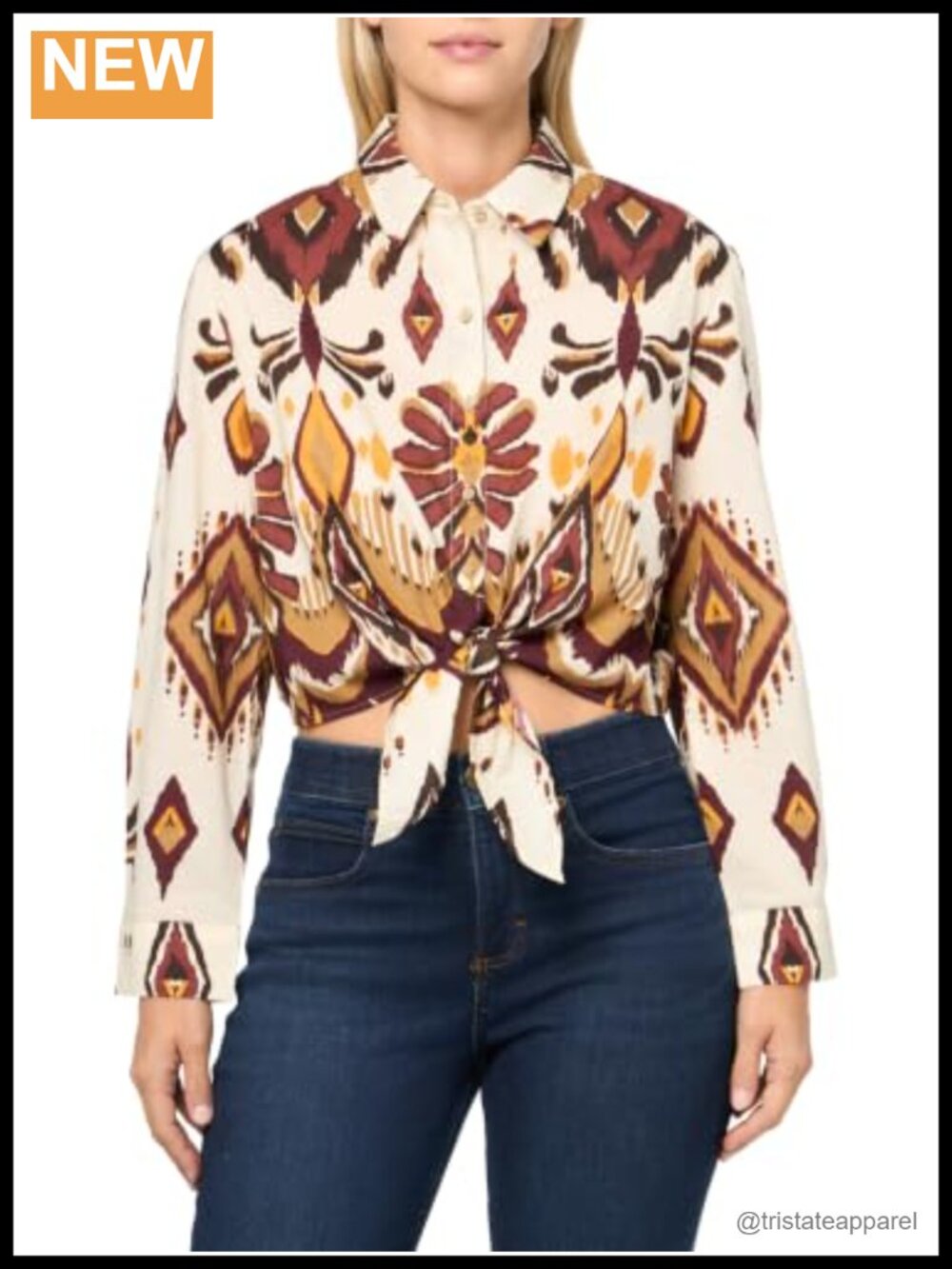 Aztec Print Button Up Blouse 100% Cotton Long Sleeve Collared